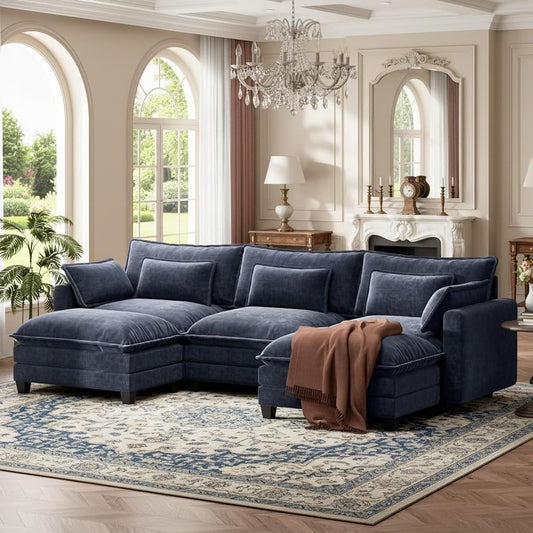 Modular Sectional Sofa 110.6" U-Shaped Modern Comfy Cloud Couch, 5-Seat Chenille Deep Seat Sofa with Throw Pillow & Movable Ottoman for Living Room, Bedroom and Apartment, Navy Blue