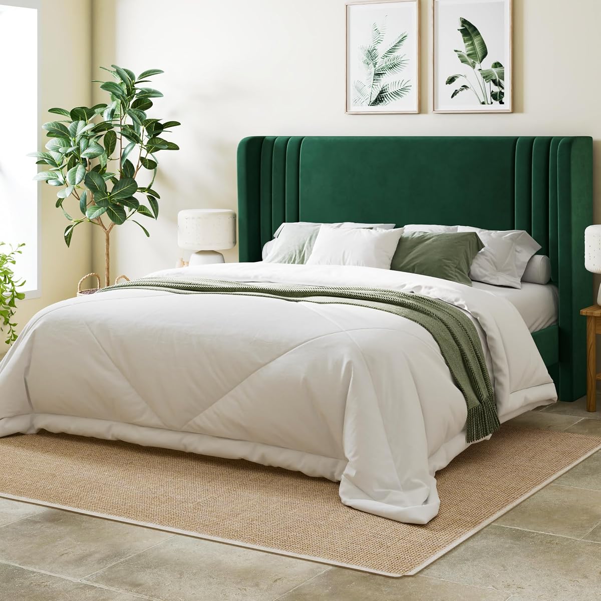 Queen Size Velvet Platform Bed Frame, Tall Wingback Headboard, Green