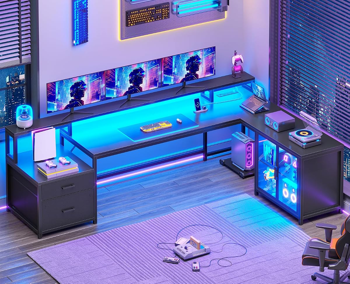 78.7” Large L Shaped Gaming Desk with Drawers, LED Light