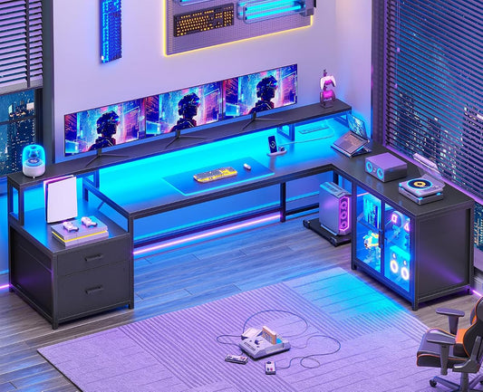 78.7” Large L Shaped Gaming Desk with Drawers, LED Light