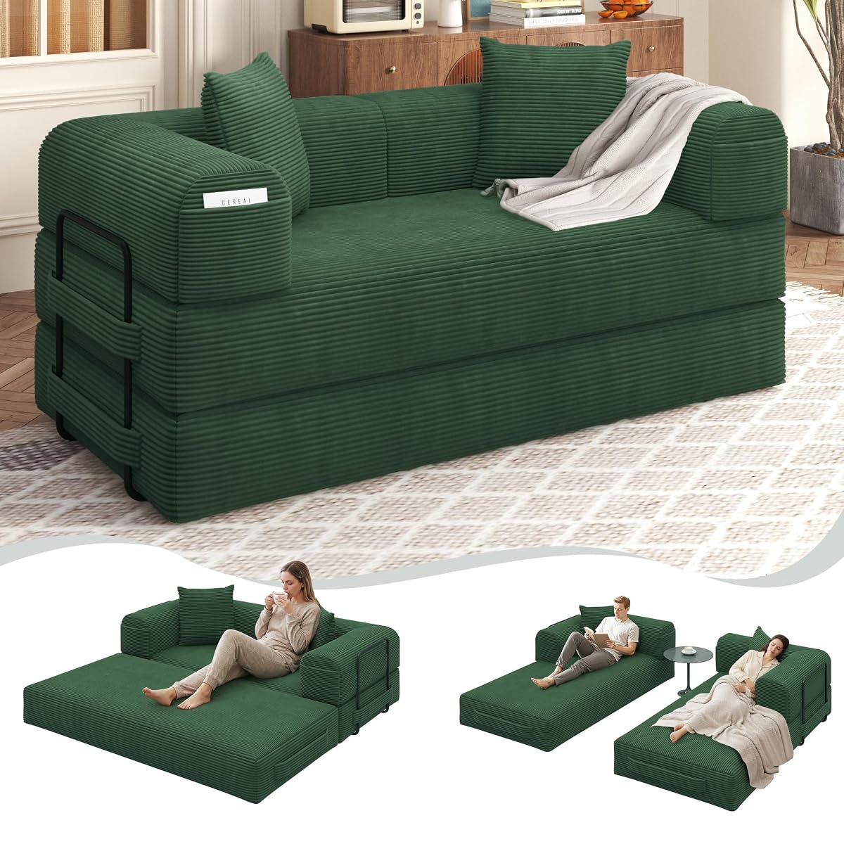 80" Convertible Sofa Bed, 5 in 1 Modular Boneless Couch Sleeper Sofa Bed with Fixed Frame & Removable Backrest Pillow, Washable Corduroy Futon Sofa Bed Couch in a Box for Small Spaces, Dark Green