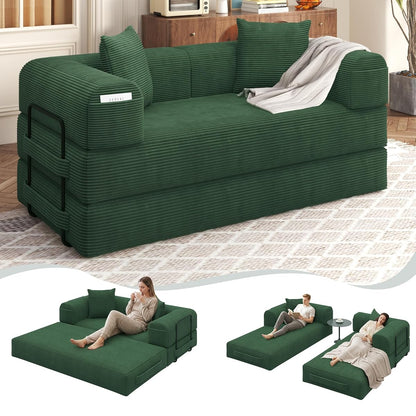 80" Convertible Sofa Bed, 5 in 1 Modular Boneless Couch Sleeper Sofa Bed with Fixed Frame & Removable Backrest Pillow, Washable Corduroy Futon Sofa Bed Couch in a Box for Small Spaces, Dark Green
