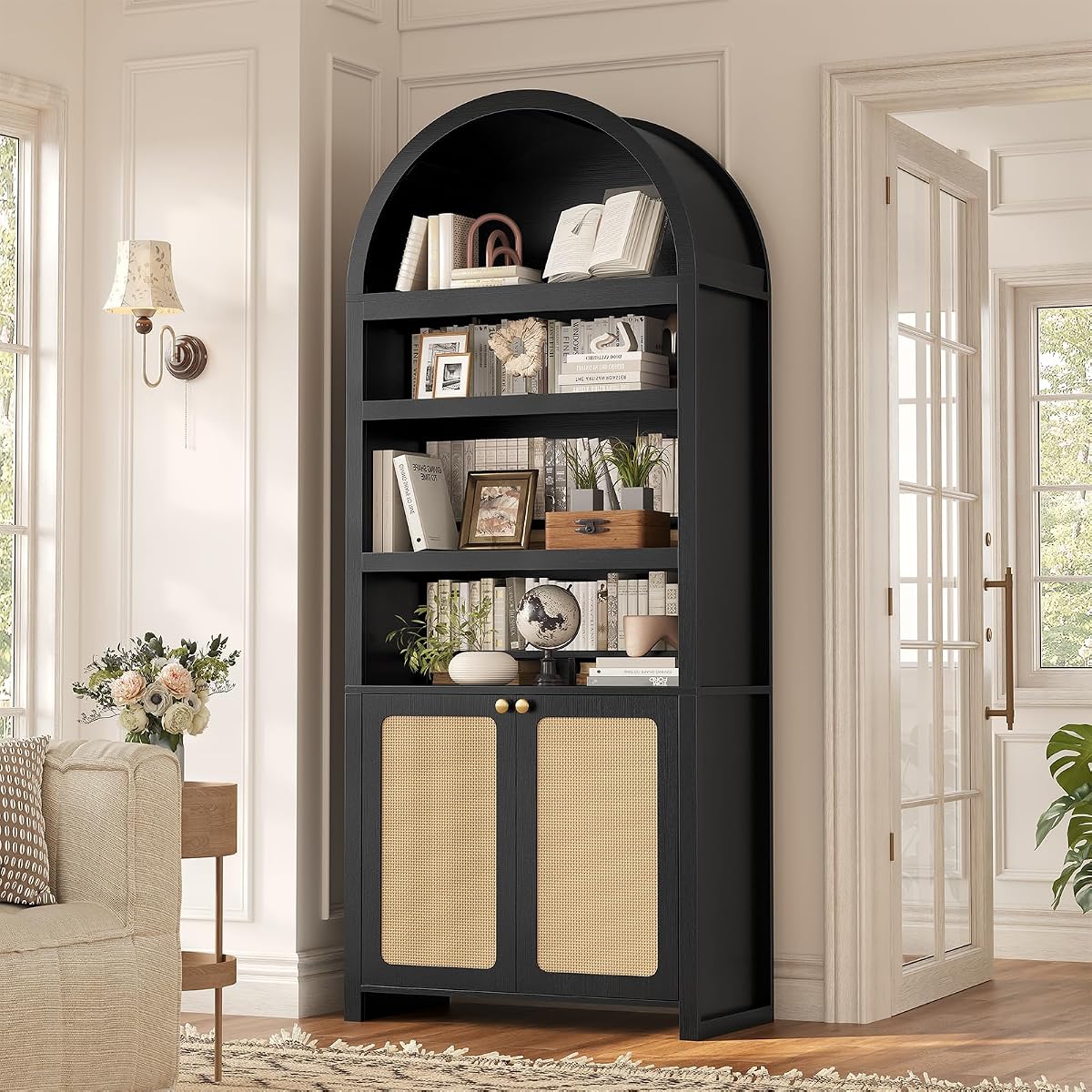 81" Tall Arched Cabinets,Bookcase with storage,Mid-Century Modern 6-Tier Bookshelf with Door,2 Book Risers and Adjustable Shelves offering more storage space for Living Room,Home Office,Black+Oak