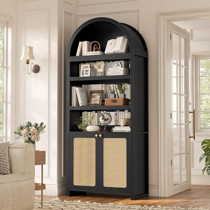 81" Tall Arched Cabinets,Bookcase with storage,Mid-Century Modern 6-Tier Bookshelf with Door,2 Book Risers and Adjustable Shelves offering more storage space for Living Room,Home Office,Black+Oak