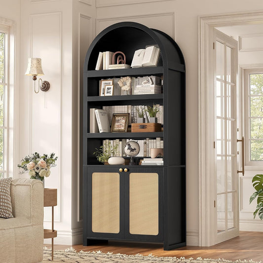 81" Tall Arched Cabinets,Bookcase with storage,Mid-Century Modern 6-Tier Bookshelf with Door,2 Book Risers and Adjustable Shelves offering more storage space for Living Room,Home Office,Black+Oak