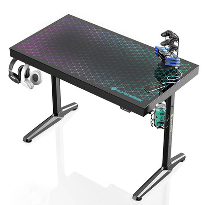 Gaming Desk, 43 Inch Computer Desk with RGB LED Glass Top