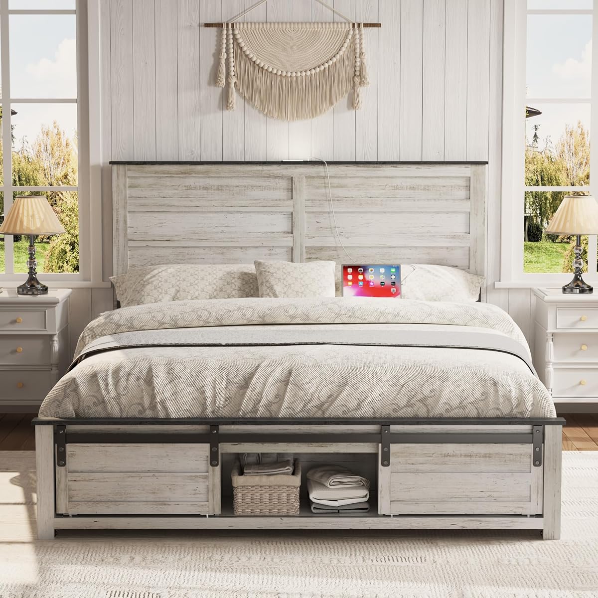Queen Size Wooden Bed Frame with Headboard and Storage Footboard
