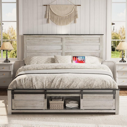 Queen Size Wooden Bed Frame with Headboard and Storage Footboard
