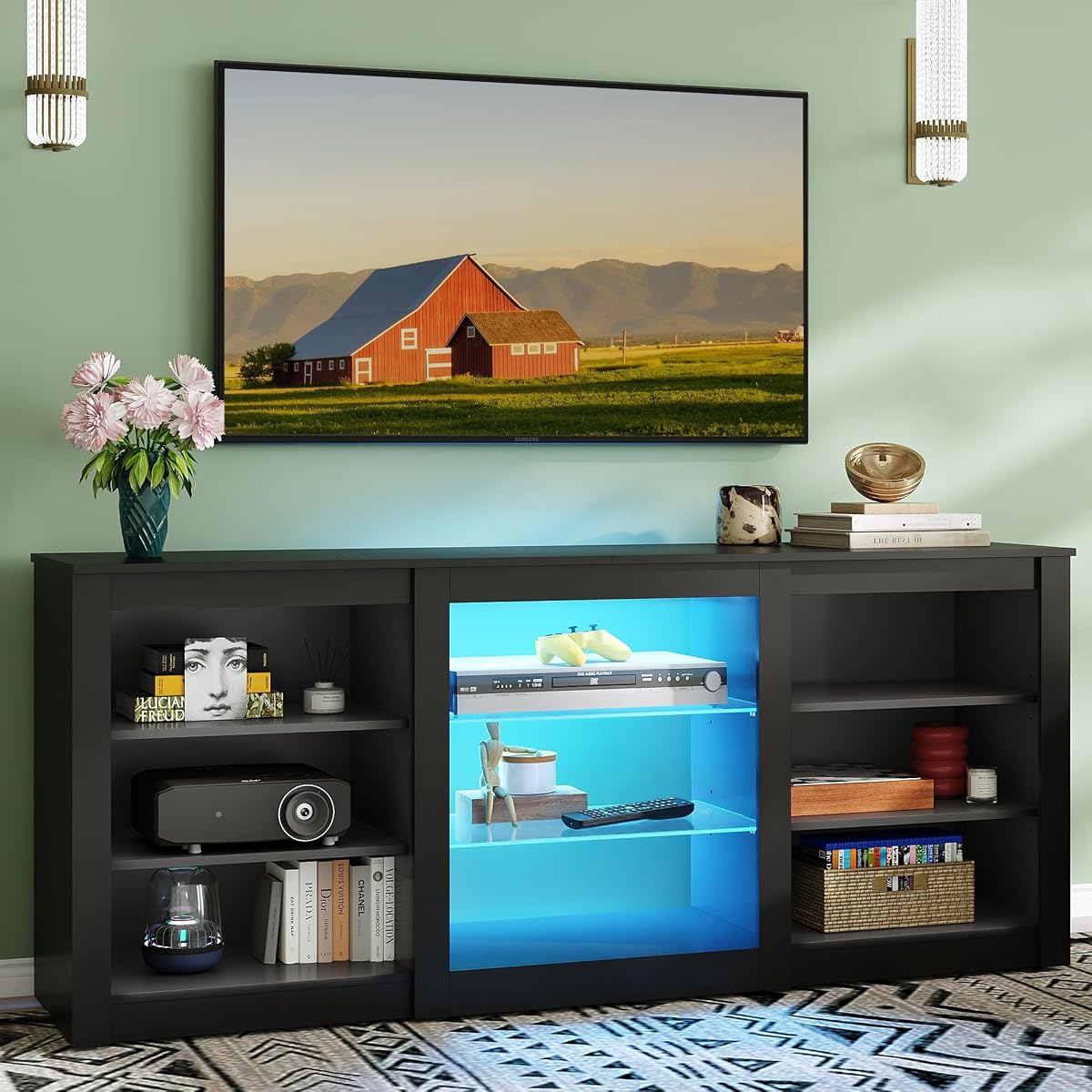 Modern TV Stand for 65 Inch TV, Entertainment Center with Adjustable Open Shelves & RGB LED Lights, Sturdy Media Console for Living Room, Bedroom,Gaming (Black)