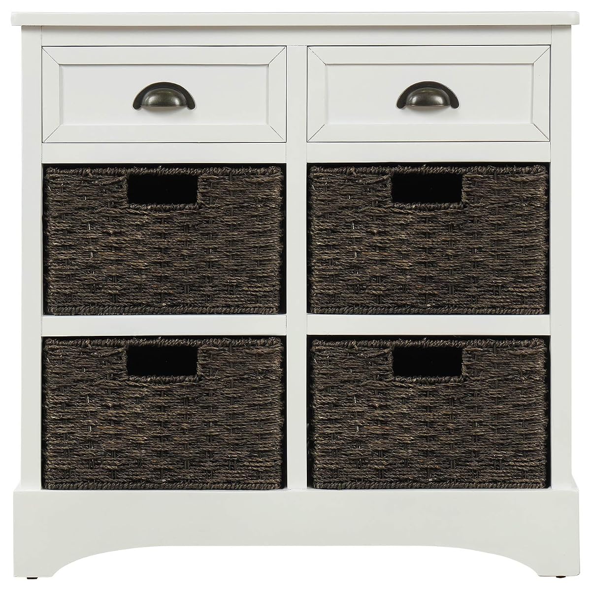 Storage Cabinet with 4 Classic Rattan Basket & 2 Drawers,for Living Room,Bedroom(28"L x 11.8"W x 28"H). (White)