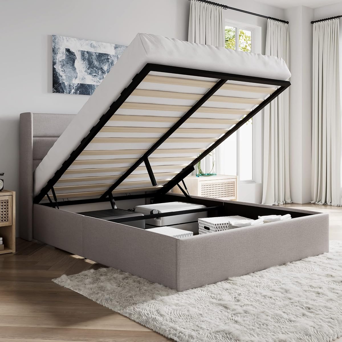 Queen Size Lift Up Hydraulic Storage Bed Frame Light Beige