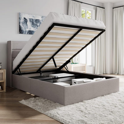 Queen Size Lift Up Hydraulic Storage Bed Frame Light Beige