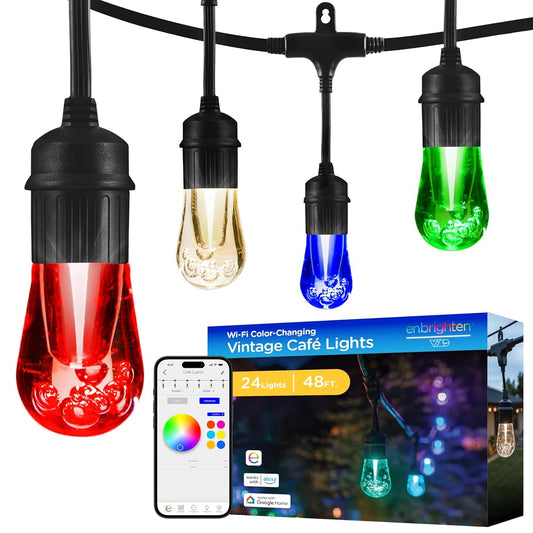 Vibe Vintage Outdoor String Lights Gen 2, 48ft, 24 RGBWIC Acrylic Bulbs, Weatherproof, Perfect for Gameday, Holidays, and More, Smart App Control, Compatible with Alexa, Google Home, 86128
