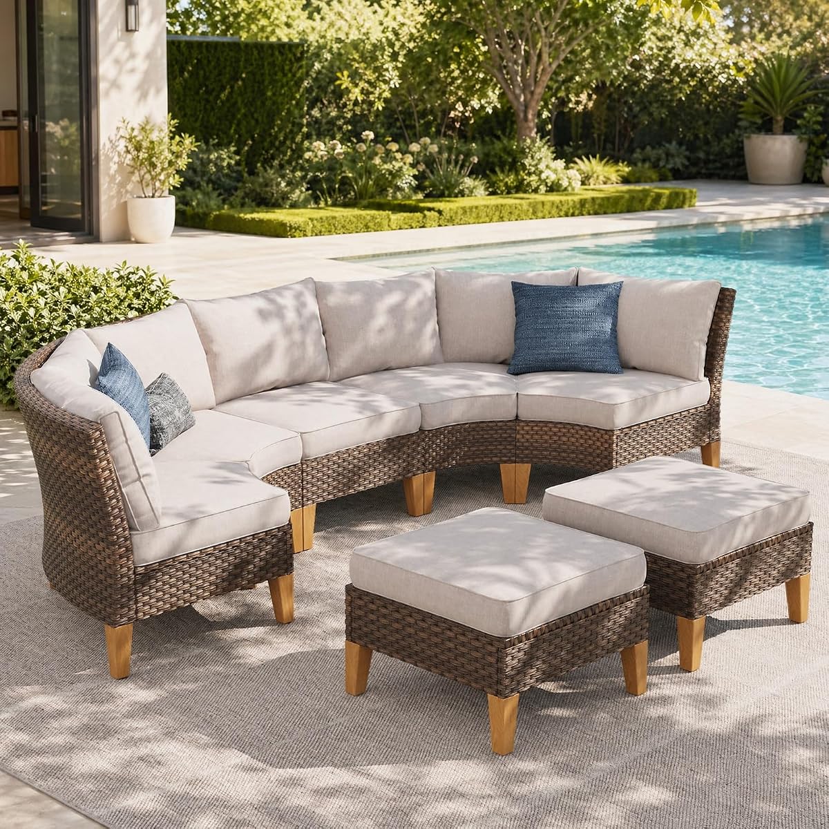 Half Moon Patio Furniture Set 7 Piece Outdoor Sectional Sofa Set, Wicker Patio Conversation Set with 2 Curved Sofa, 1 Armless Chairs, 2 Ottoman for Pool, Deck, Lawn (Beige)