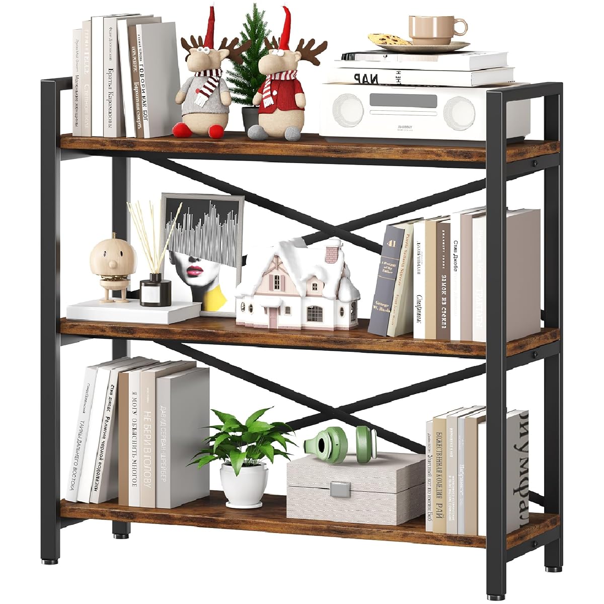 3 Tier Bookshelf 31.49" Width, Wood and Metal Etagere Bookcase, Vintage Farmhouse Modern Wooden Big Book Shelf for Home Living Room Bedroom Office Storage(Rustic Brown)