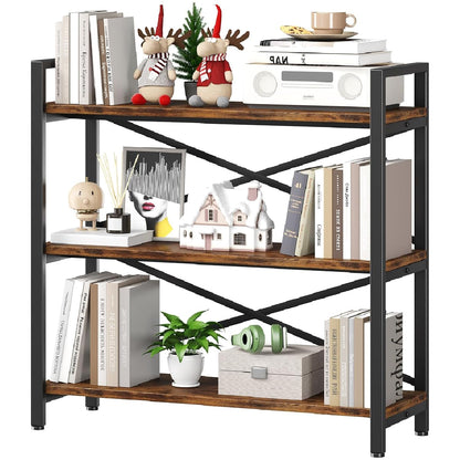 3 Tier Bookshelf 31.49" Width, Wood and Metal Etagere Bookcase, Vintage Farmhouse Modern Wooden Big Book Shelf for Home Living Room Bedroom Office Storage(Rustic Brown)