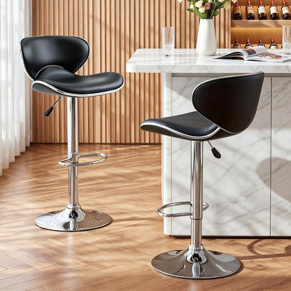 PU Leather Adjustable Bar Stools, Modern Swivel Airlift Barstools with Back, Armless Counter Height Chairs for Kitchen Dining Pub Cafe Set of 2 (Black)