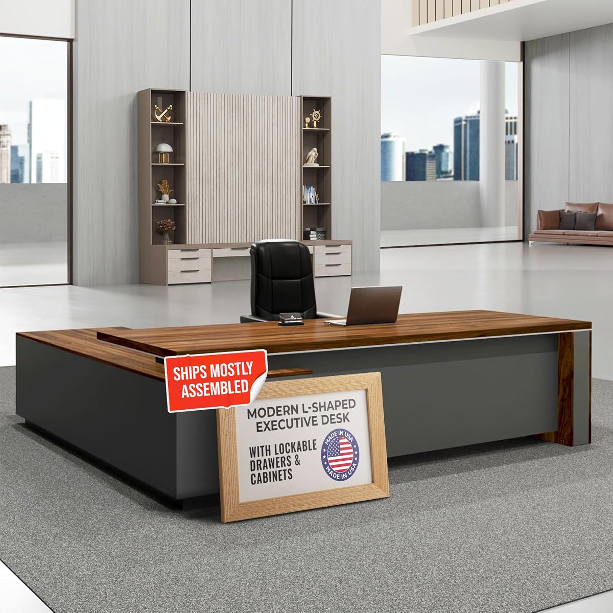 OfficeSimpli L Shaped Executive Desk with Drawers, Made in USA, 84x72x30 in