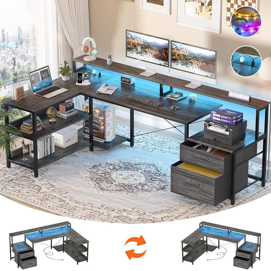 L Shaped Desk with Power Outlet, Reversible L Shaped Computer Desk with File Drawer & Monitor Stand, Gaming Desks with LED Strip, Home Office Desks with Storage Shelf, Grey Oak