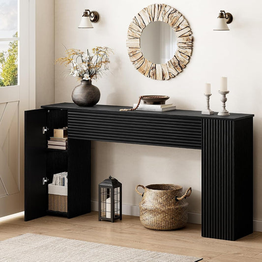 61” Fluted Long Console Table with 2 Hidden Storage Cabinets, Black | Wooden Rectangular Sofa Table, Behind the Couch, Narrow Entryway Table for Entrance, Hallway, Living Room, Foyer