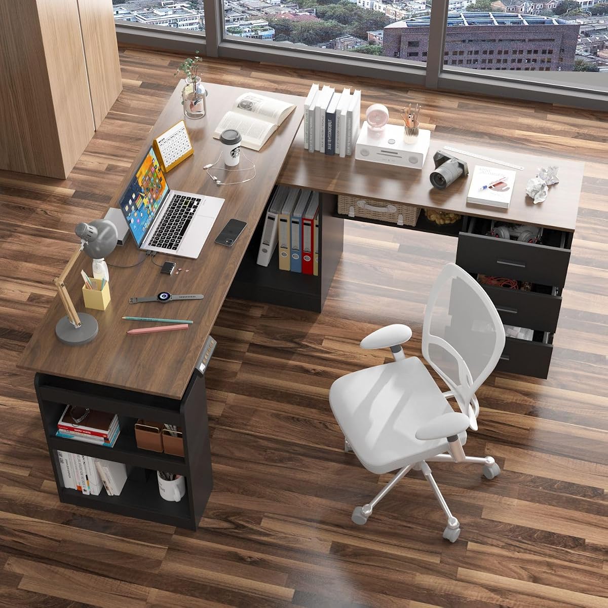 Electric Standing Desk with Drawers and Shelves