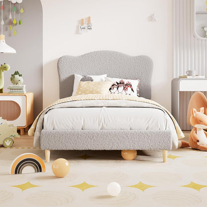 Upholstered Twin Size Bed Frame with Scallop Headboard, Cute Velvet Twin Bed for Girls or Boys, Sturdy Platform Bed with Wooden Slats, No Box Spring Needed, Grey