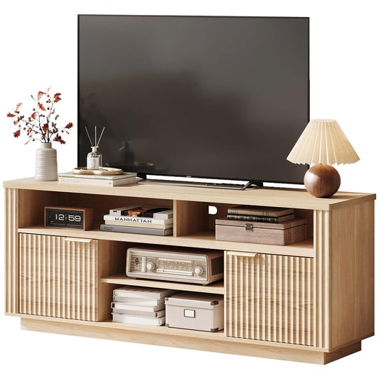 Mid Century Modern Fluted TV Stand for 65" TV, Natural Oak