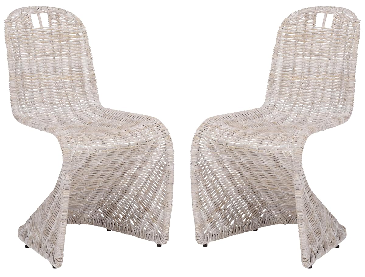 SAFAVIEH Furniture - Cilombo Dining Chair Set of 2 - White Washed Rattan - Sculptural Woven Design - Fully Assembled - Ideal for Dining Room, Kitchen (SEA7007B-SET2)