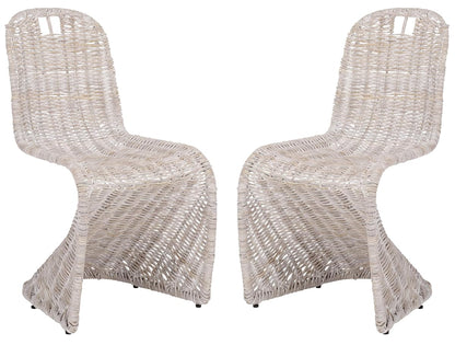 SAFAVIEH Furniture - Cilombo Dining Chair Set of 2 - White Washed Rattan - Sculptural Woven Design - Fully Assembled - Ideal for Dining Room, Kitchen (SEA7007B-SET2)
