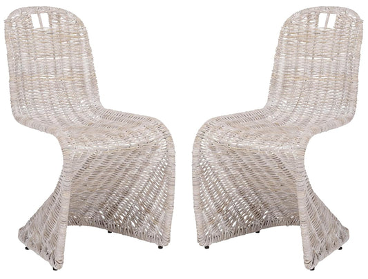 SAFAVIEH Furniture - Cilombo Dining Chair Set of 2 - White Washed Rattan - Sculptural Woven Design - Fully Assembled - Ideal for Dining Room, Kitchen (SEA7007B-SET2)