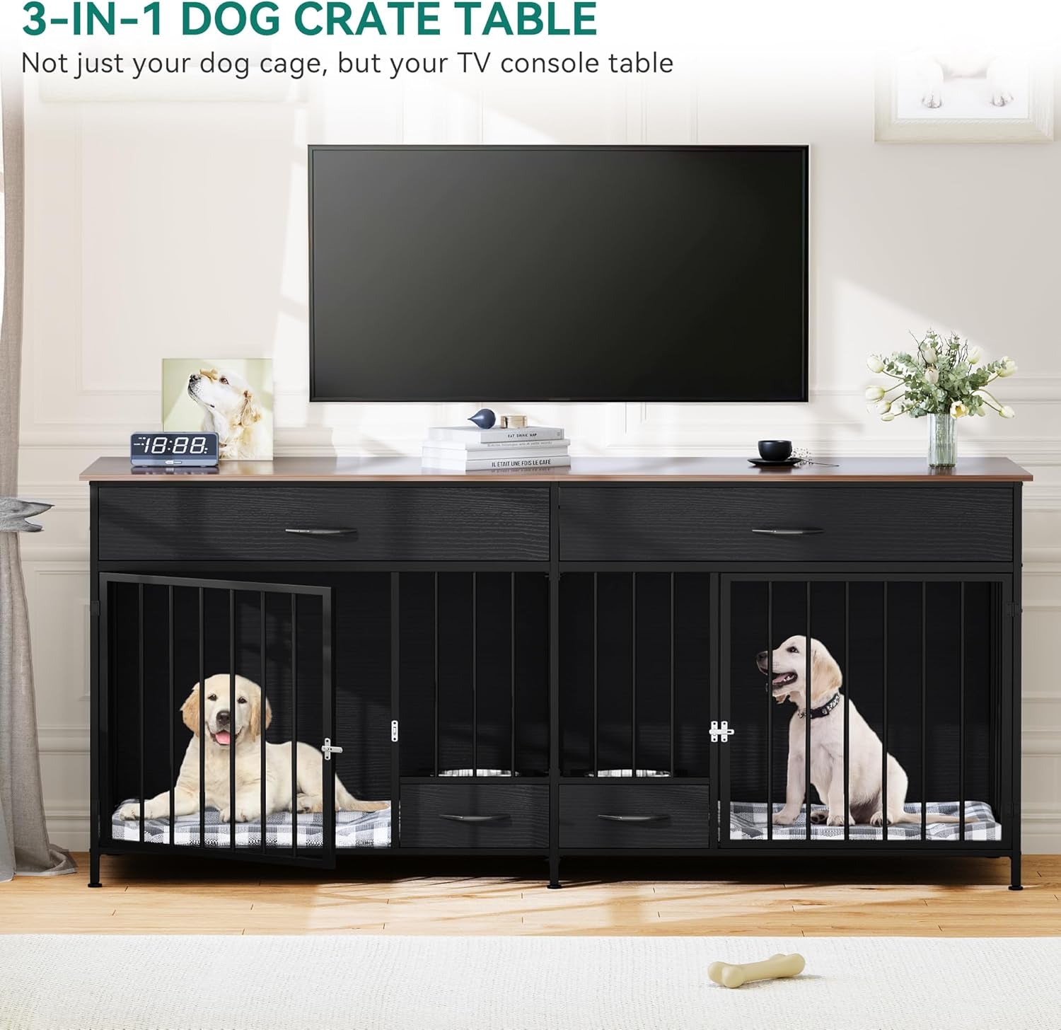 Double Dog Crate TV Stand with Dog Feeder, 74.8" Wooden Large Dog Kennel with Storage, Double Dog Crate Furniture for 2 Small Medium Dogs, Black