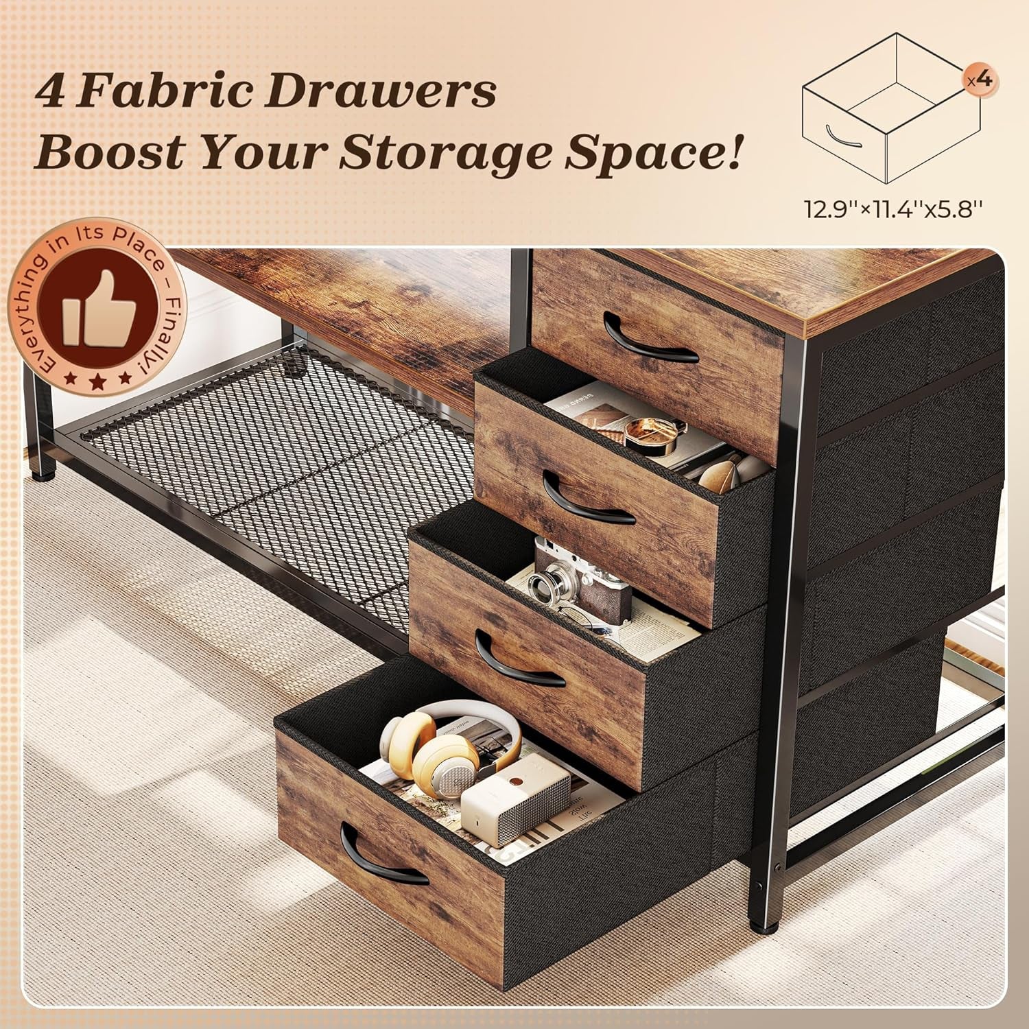 61" L Shaped Desk with Power Outlets and USB-C Port, Reversible Computer Corner Office Desk with 4 Fabric Drawers and 2 Height-Adjustable Shelves, Large for Gaming Writing Study, Rustic Brown