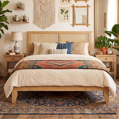 GAOMON Full Size Wood Bed Frame with LED Light and Rattan Headboard