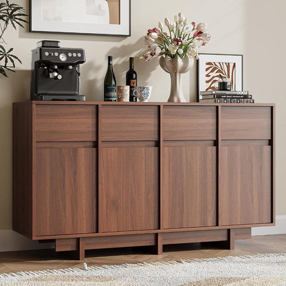 55in Walnut Buffet Cabinet, Mid Century Wood Sideboard Storage