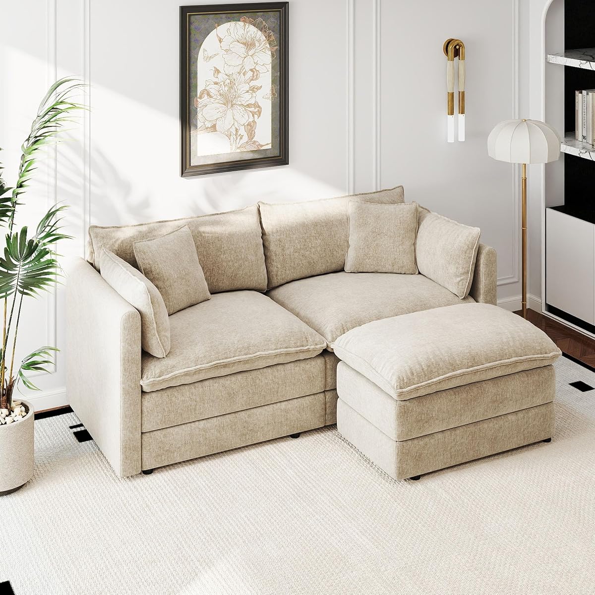 Modular Sectional Sofa Modern Convertible Loveseat Couch,77.16 Inch Deep 2-Seater Sofas Comfy Chenille Cloud Sofas and Couches Set with Movable Ottoman for Living Room Apartment（Camel）