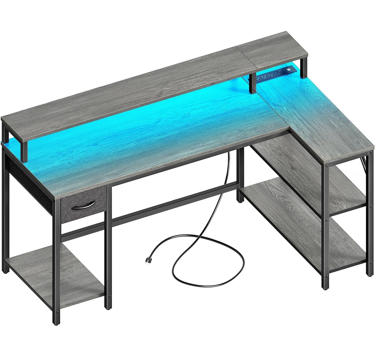 53 inch Reversible L Shaped Desk with LED Lights & Power Outlets