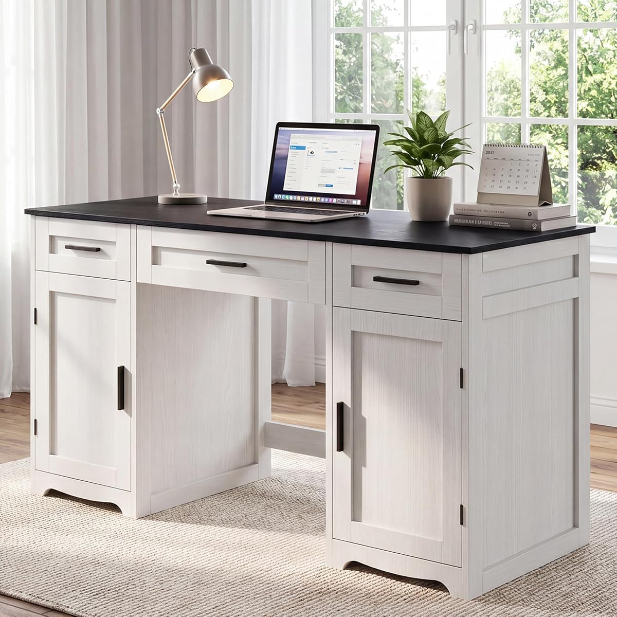 Farmhouse Executive Desk with Drawers, Wood Home Office Desk, Black