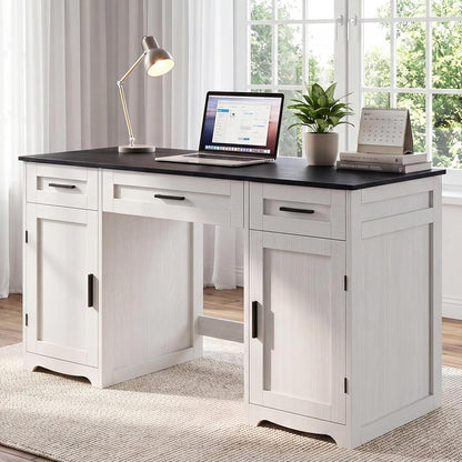 Farmhouse Executive Desk with Drawers, Wood Home Office Desk, Black