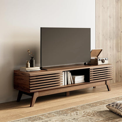 59" TV Stand for 55"/60"/65" TVs, Mid-Century Modern Fluted Entertainment Center with Sliding Doors, Storage Cabinets & Media Console Table, Living Room & Bedroom, Walnut