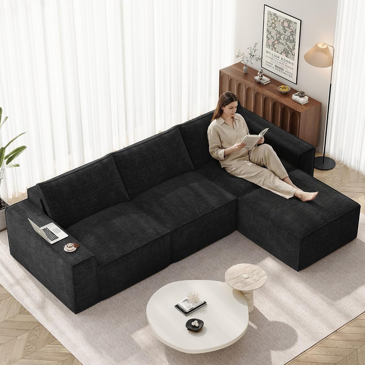114" Modular Sectional Boneless Couch, Modern 3 Seater Sofa with Ottoman & Deep Seat, Convertible Chenille L Shaped Cloud Couches for Living Room, No Assembly Required, Black