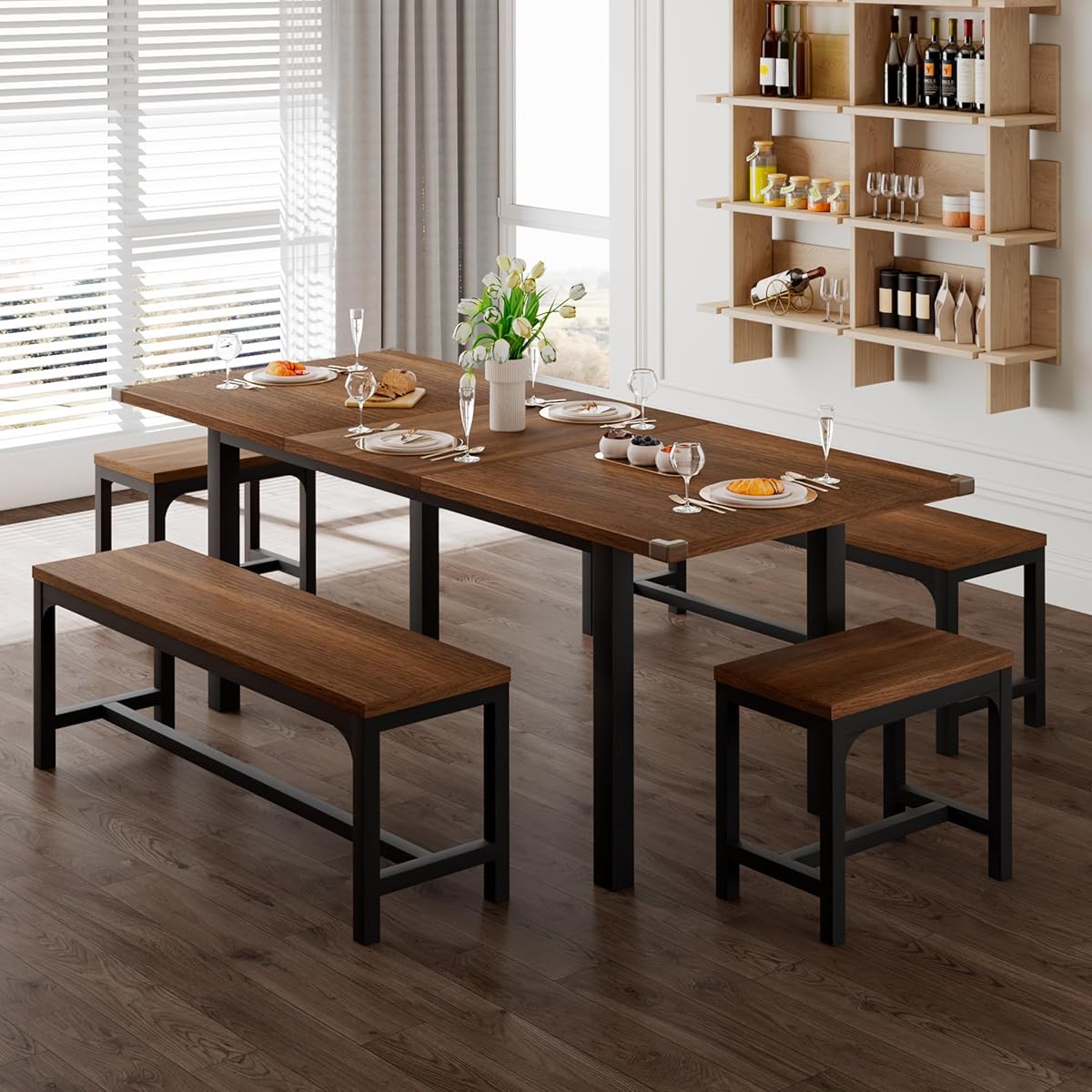5-Piece Dining Table Set for 4-8 People, 63" Extendable Kitchen Table with 2 Benches and 2 Square Stools, Mid-Century Modern Wooden Dining Room Table, Space-Saving, Walnut
