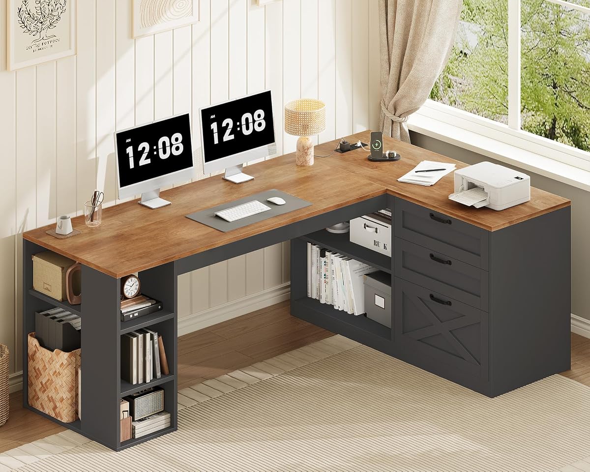 Farmhouse L Shaped Computer Desk with Drawers, Power Outlet for Home Office