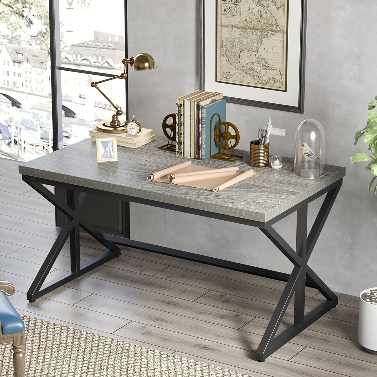 Computer Desk, Industrial PC Laptop Office Desk, Farmhouse Gaming Desk with Spacious Desktop, Rustic Wood Metal Writing Study Work Table for Home Office Bedroom, 47 Inch, Grey Oak
