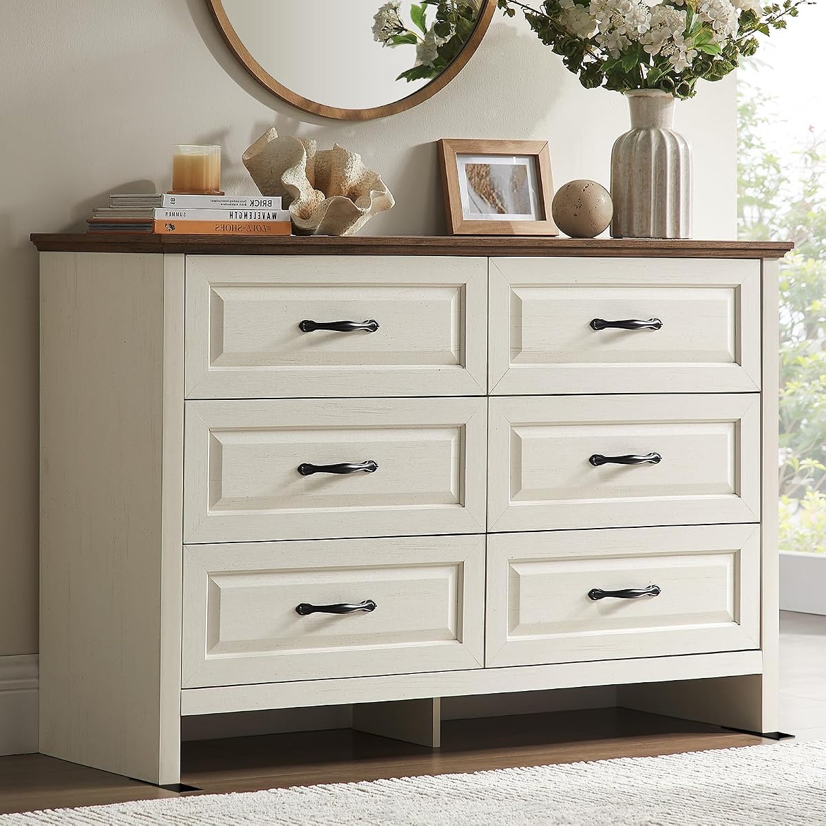 Amada Farmhouse 6 Drawer Dresser for Bedroom, 47.2 Inch Wide Wood Dresser with Natural Texture, Large Drawers, Rustic Farmhouse Chest of Drawers for Bedroom, Living Room, Hallway, Brown & White