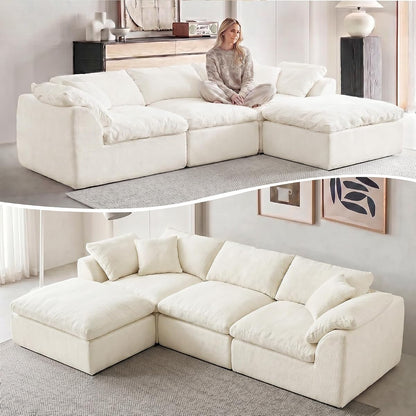 110" Boneless Cloud Couch Sectional for Living Room, Oversized Modular L Shaped Sofa with Ottoman, Deep Seat Chenille Sectional Couch for Cloud-Like Comfort (Beige)
