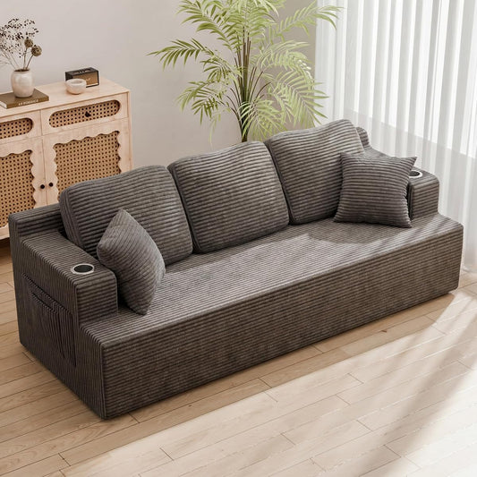 87” Boneless Sofa Couch with 2 Pillows Extra Deep Seats, Corduroy Fabric 3 Seater Sofa for Living Room with Cup Holder & Storage Pocket Upholstered Floor Sofa Easy Installation (Grey, 3 Seater)
