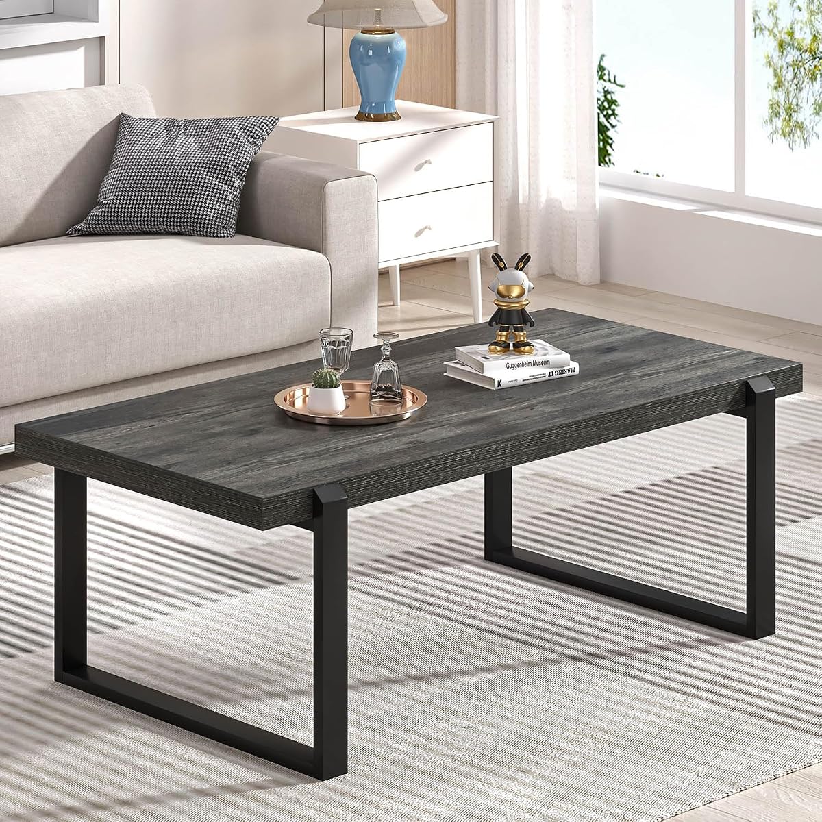 Modern Coffee Table, Rustic Wood and Metal Center Table, Rectangle Cocktail Tea Table for Living Room, Grey, 44 Inch