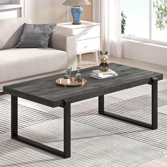 Modern Coffee Table, Rustic Wood and Metal Center Table, Rectangle Cocktail Tea Table for Living Room, Grey, 44 Inch
