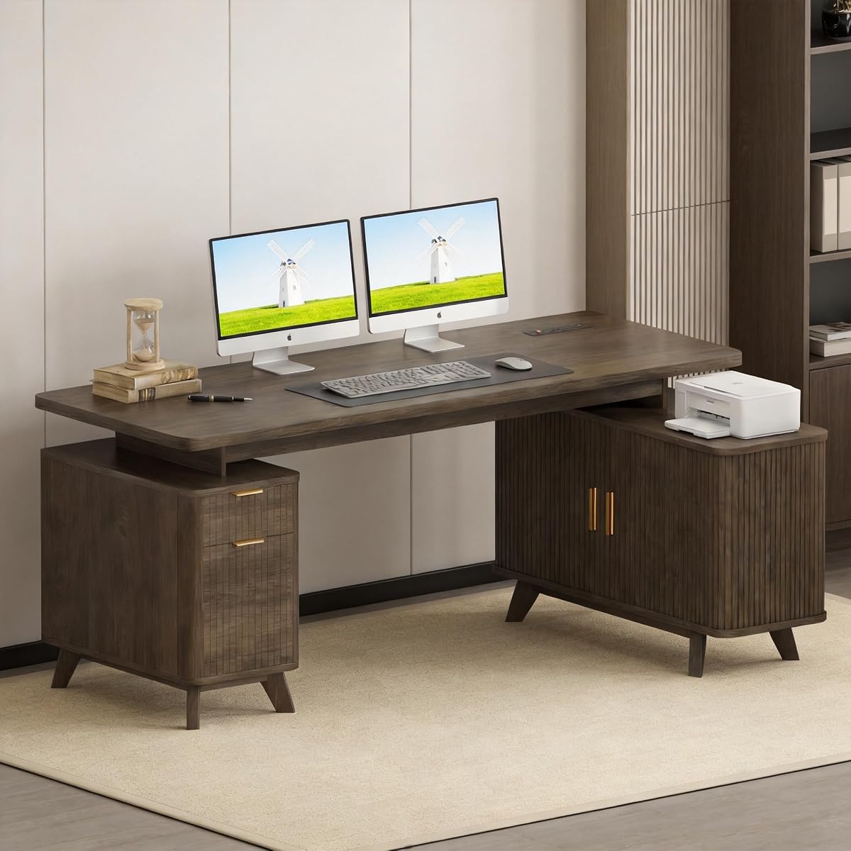 63" Farmhouse L Shaped Executive Desk, Brown