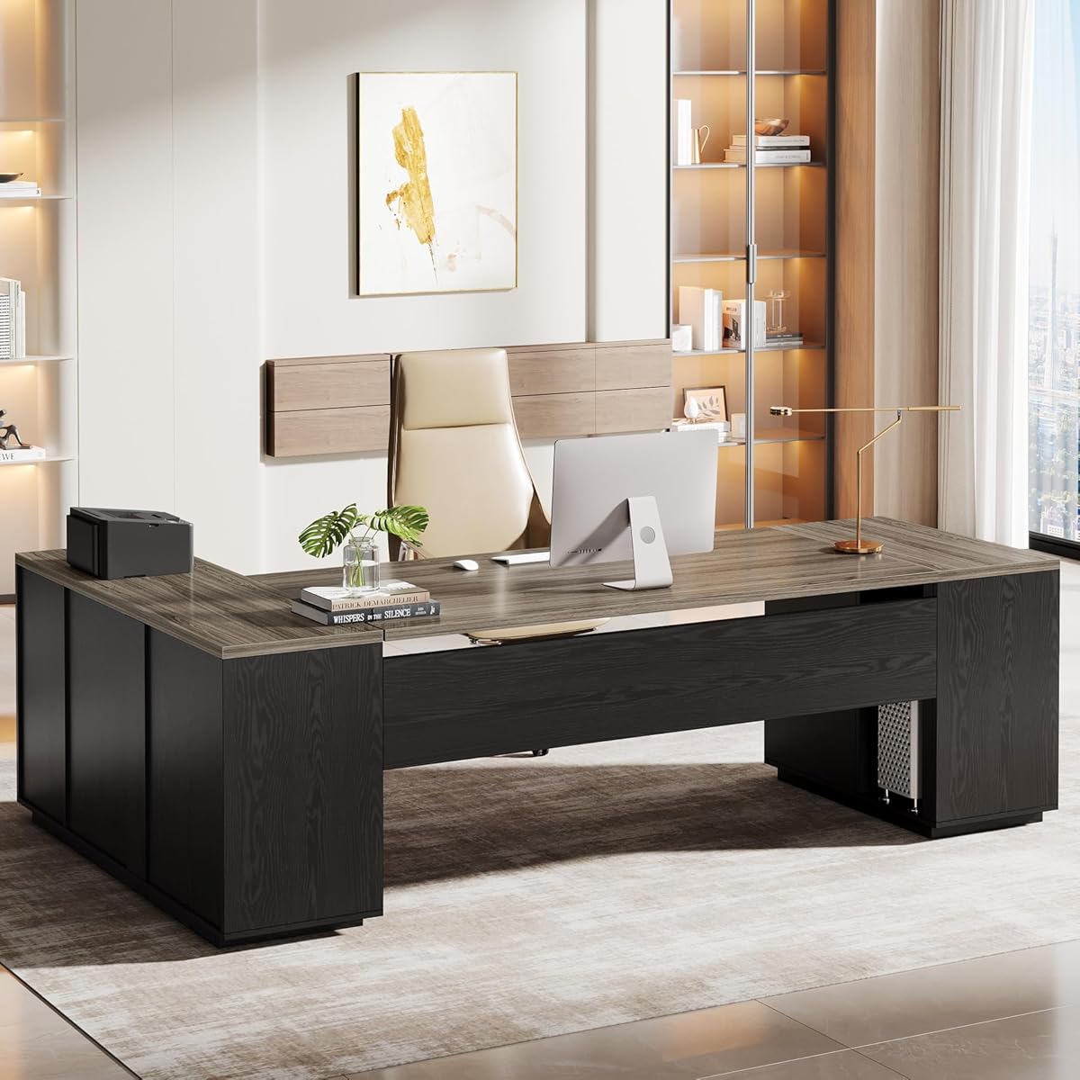 Tribesigns 85.8-Inch L-Shaped Executive Desk, Extra Large Modern Office Desk with File Drawers, Door Cabinet & Shelves, Commercial Office Table, Home Business Workstation, Grey & Black